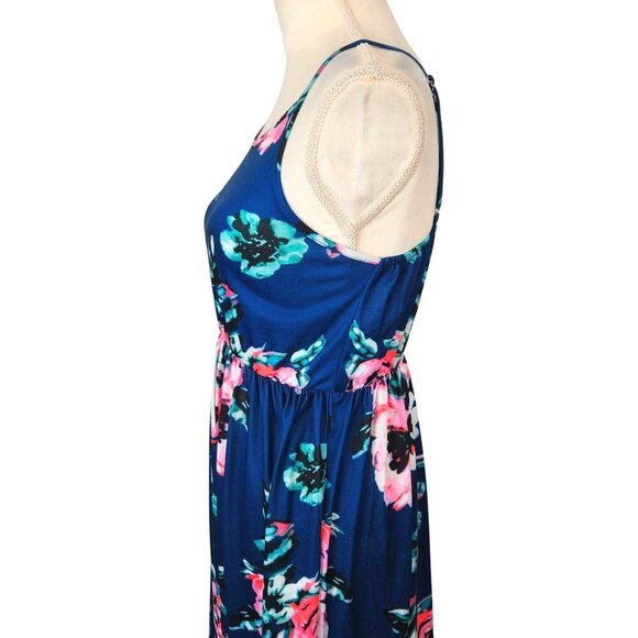 Womens Floral Boho Maxi Dress Adjustable Spaghetti Straps Navy Blue & Pink Small - Picture 7 of 12